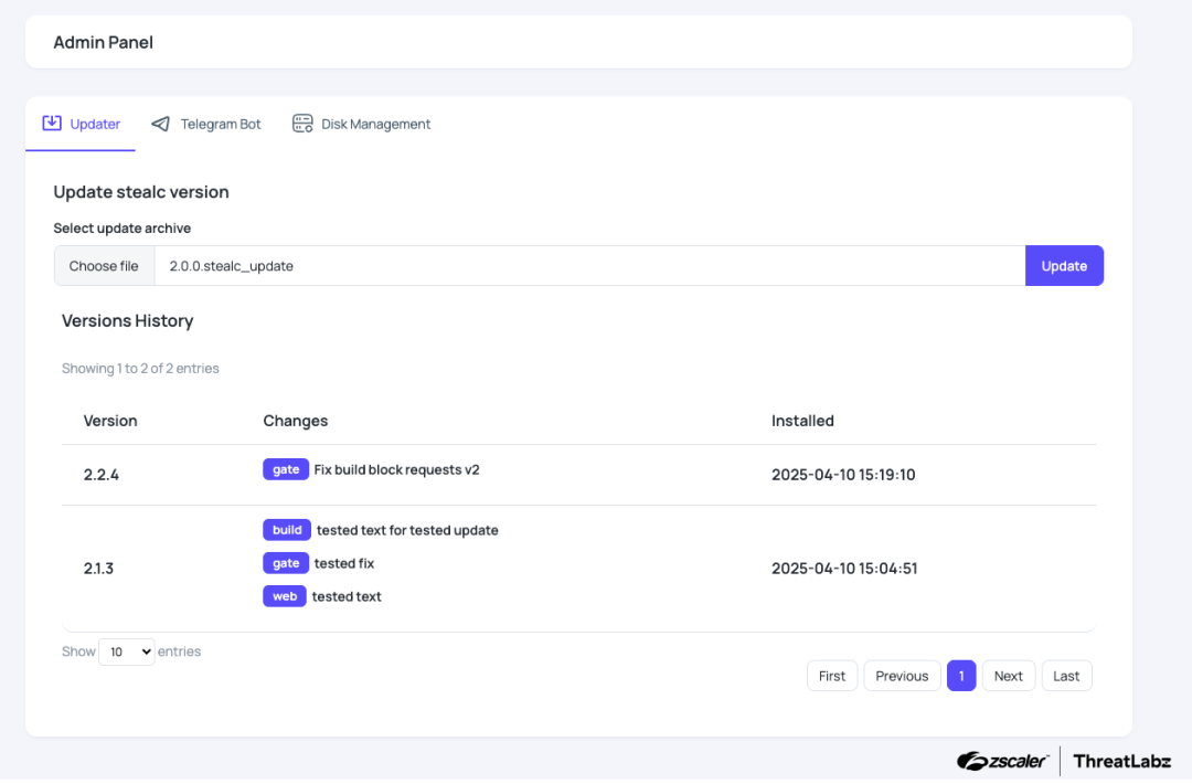 StealC V2’s panel and builder update menu (with two updates applied).